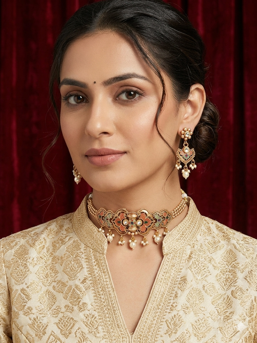 Chokar set - orange gold and green