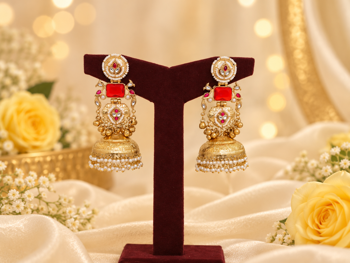 Copper based Stylish Jhumki with Red & white Pearls.