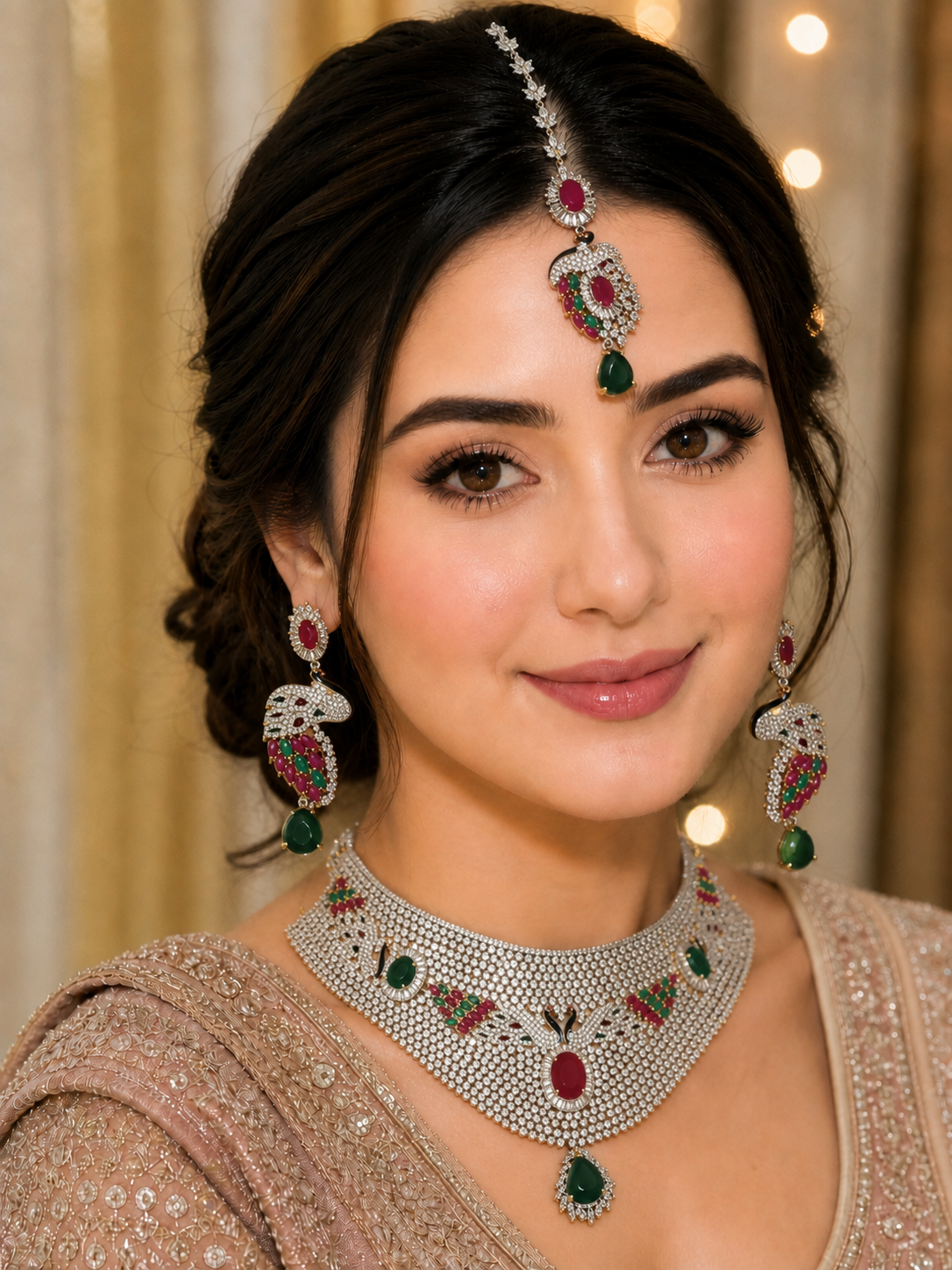 Designer Red Green Stone Peacock Designed AD Set with Tika