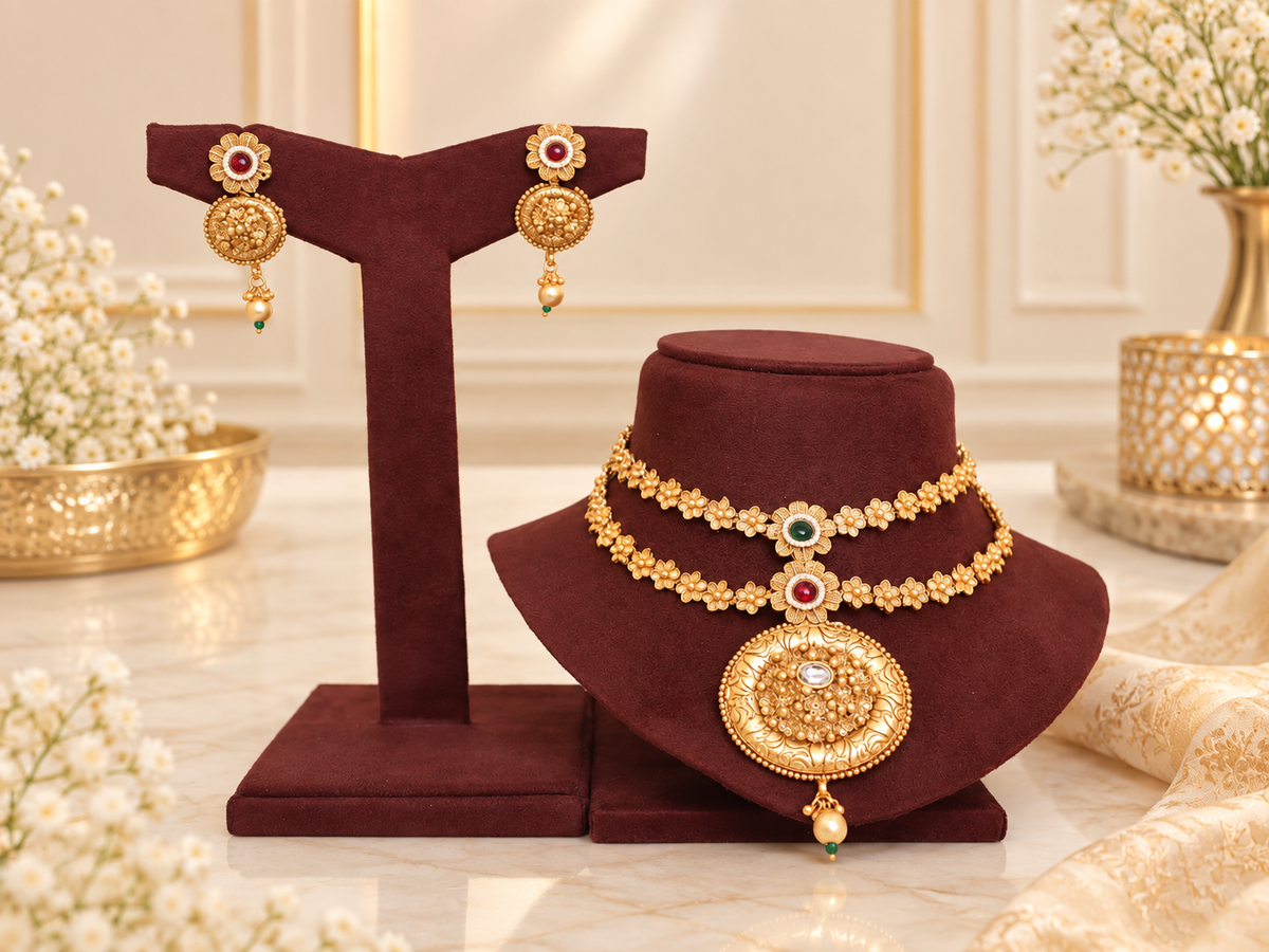 Designer Copper based necklace set with red & green Stones looks gorgeous.
