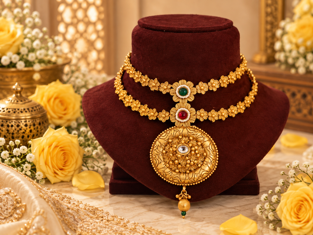 Designer Copper based necklace set with red & green Stones looks gorgeous.