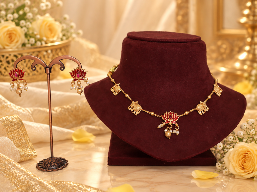 Elegant & sleek Copper set with red Lotus & elephants