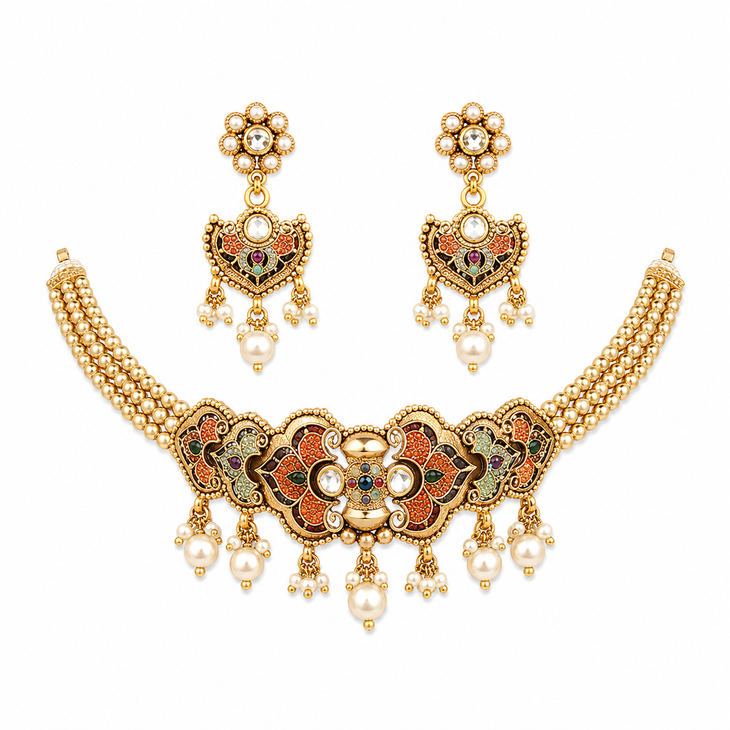 Chokar set - orange gold and green