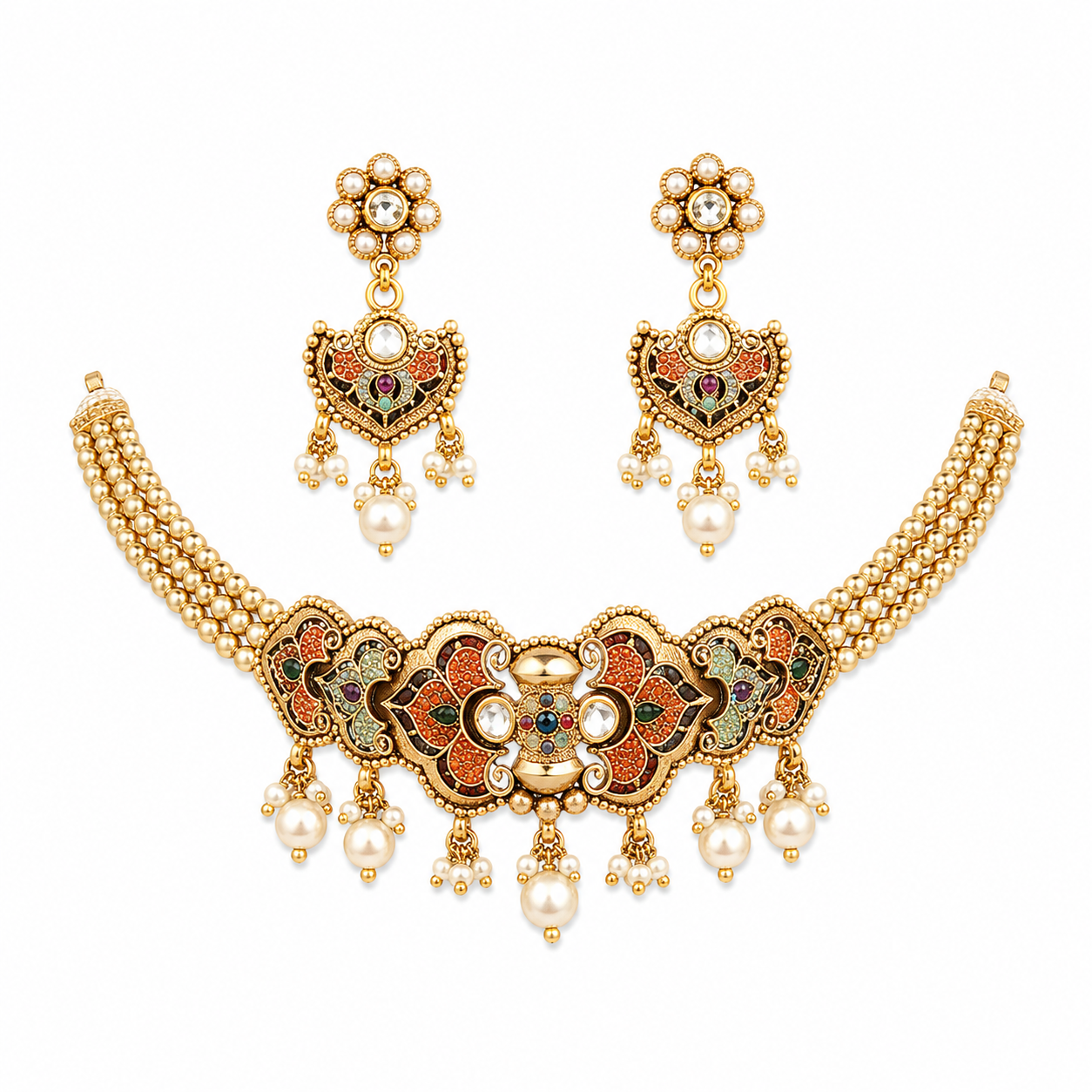 Chokar set - orange gold and green