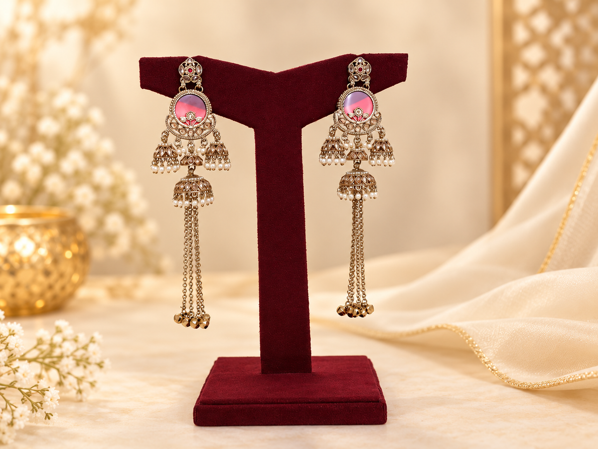 Real Kashmiri Ear rings with Pink & Purple color stones.