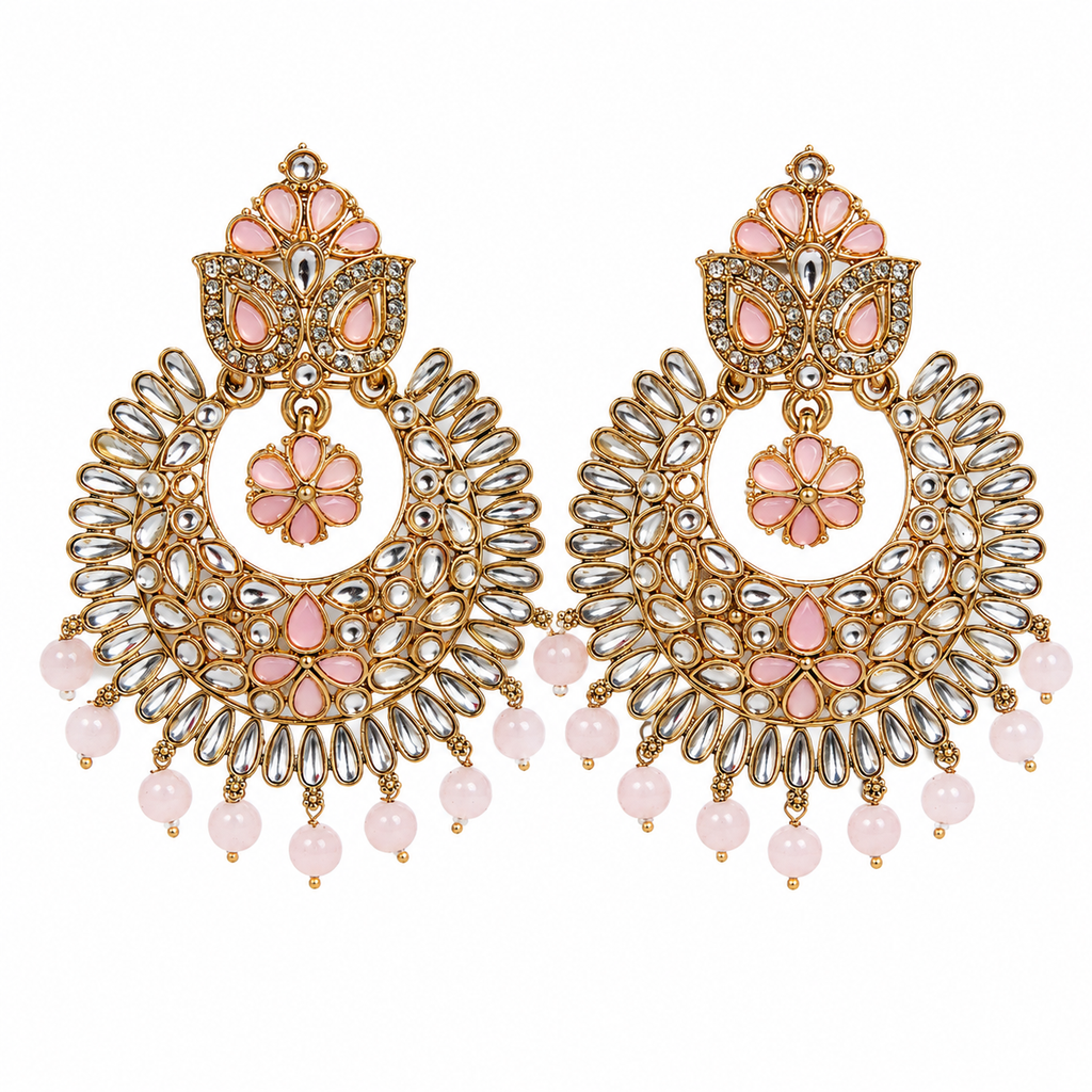 Pink Kundan Chandbali Earrings with Pearl Drops