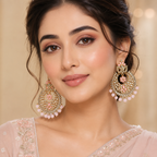 Pink Kundan Chandbali Earrings with Pearl Drops